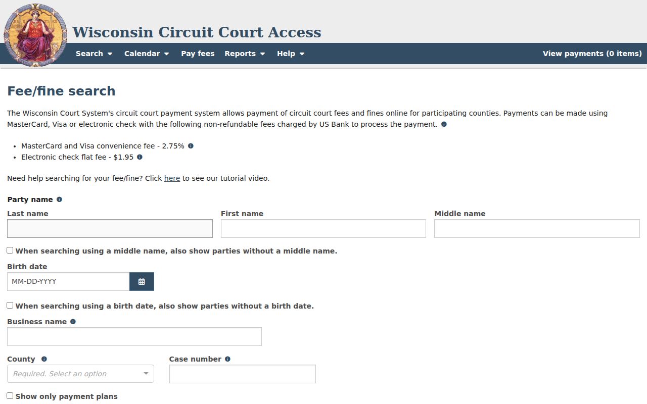 Rock County case and citation fee search