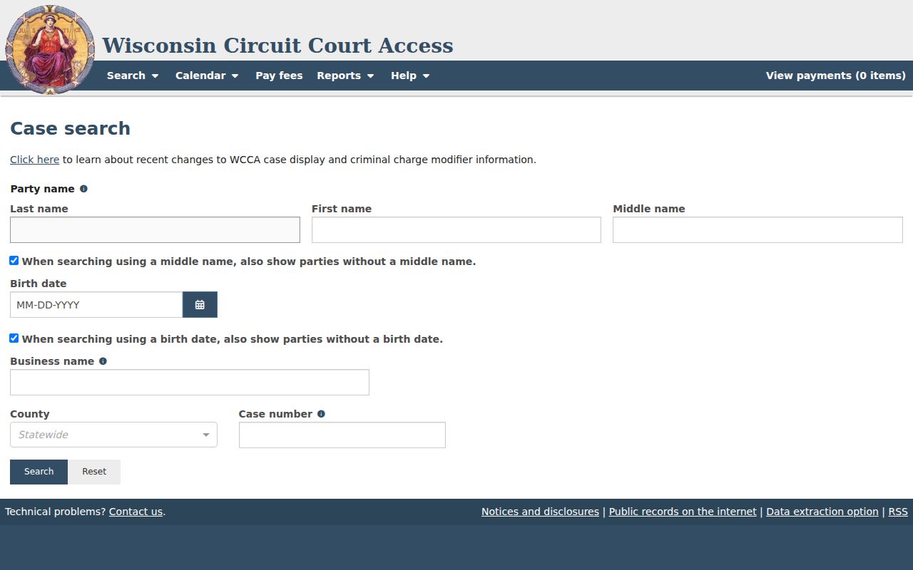 Rock County case lookup fields on WCCA
